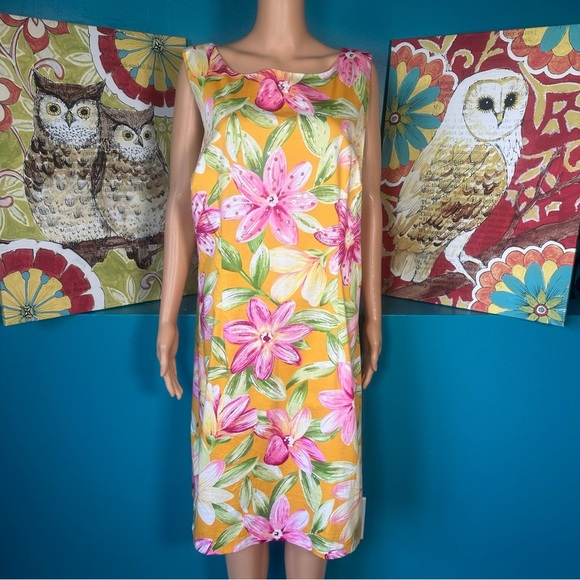 R&K Dresses & Skirts - R&K Originals Dress Women's 16W Sleeveless Yellow Pink Floral Tropical Cotton